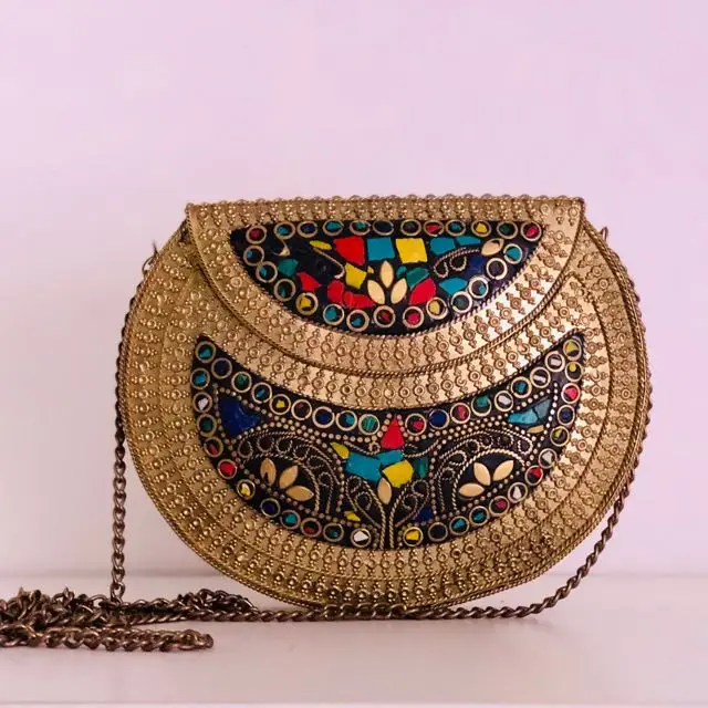 1758 LARGE Woman Indian Handmade Mosaic Brass Metal Clutch Purse Evening BAG 