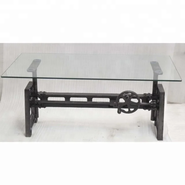 Glass Top Industrial Crank Hand Lifting Adjustable Living Room Coffee