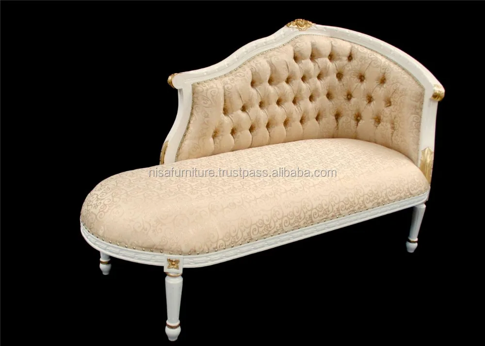 French Provincial Chaise Lounge Antique White Gold Sofa Living Room
