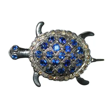 Natural Blue Sapphire And Diamond 925 Solid Sterling Silver Turtle Shape Ring Jewelry