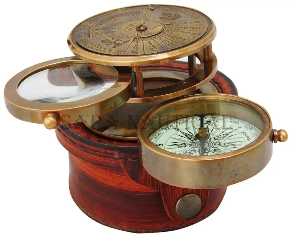 Nautical Antique Brass Magnifying Compass With Leather Case Collectible Item Unique Item For Men