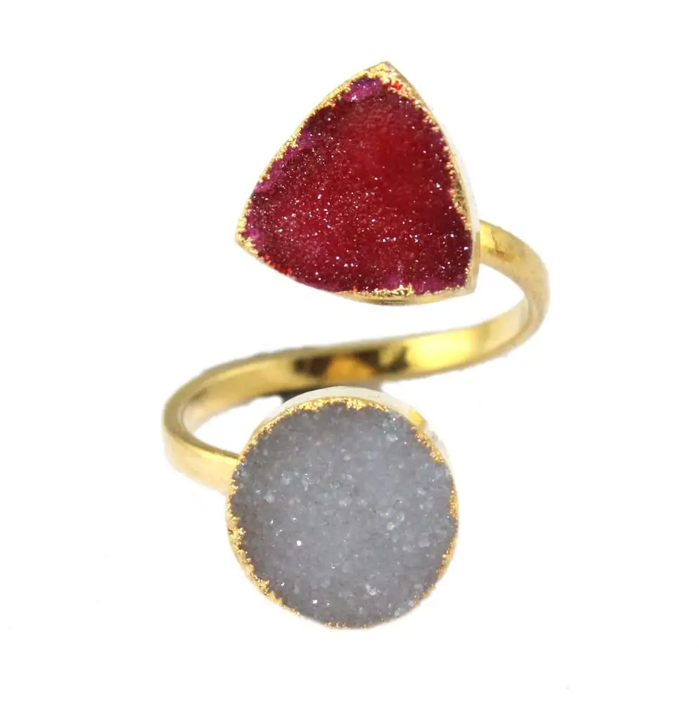 Charming Natural Double Sugar Druzy Gold Plated Adjustable Ring Gemstone Jewelry 