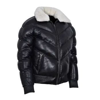 New Men's Classic Luxury Puffer Winter Warm Style Black Napa Leather Coat Jacket