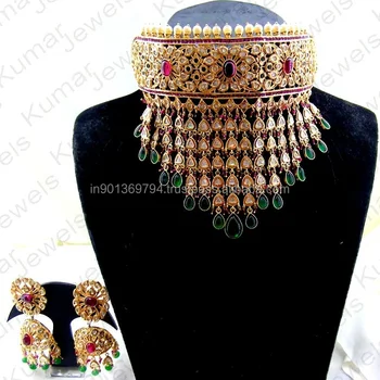 Heavy Bridal Wear Designer Gold Plated Uncut Polki Ruby Emerald Color Stone Pearl Beaded Indian Choker Necklace Set
