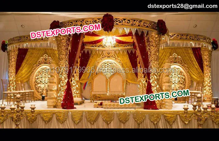 Indian Wedding Golden Carving Mandap Traditional Six Fiber Golden Mandap Small Fiber Statues Decorations
