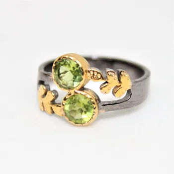 Two Stone Floral Leaf Peridot Gold Plated 925 Sterling Silver Ring