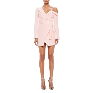 Ladies  Long Sleeve Sexy Nude One-Shoulder Tuxedo  Mini Pink Dress Women Dresses