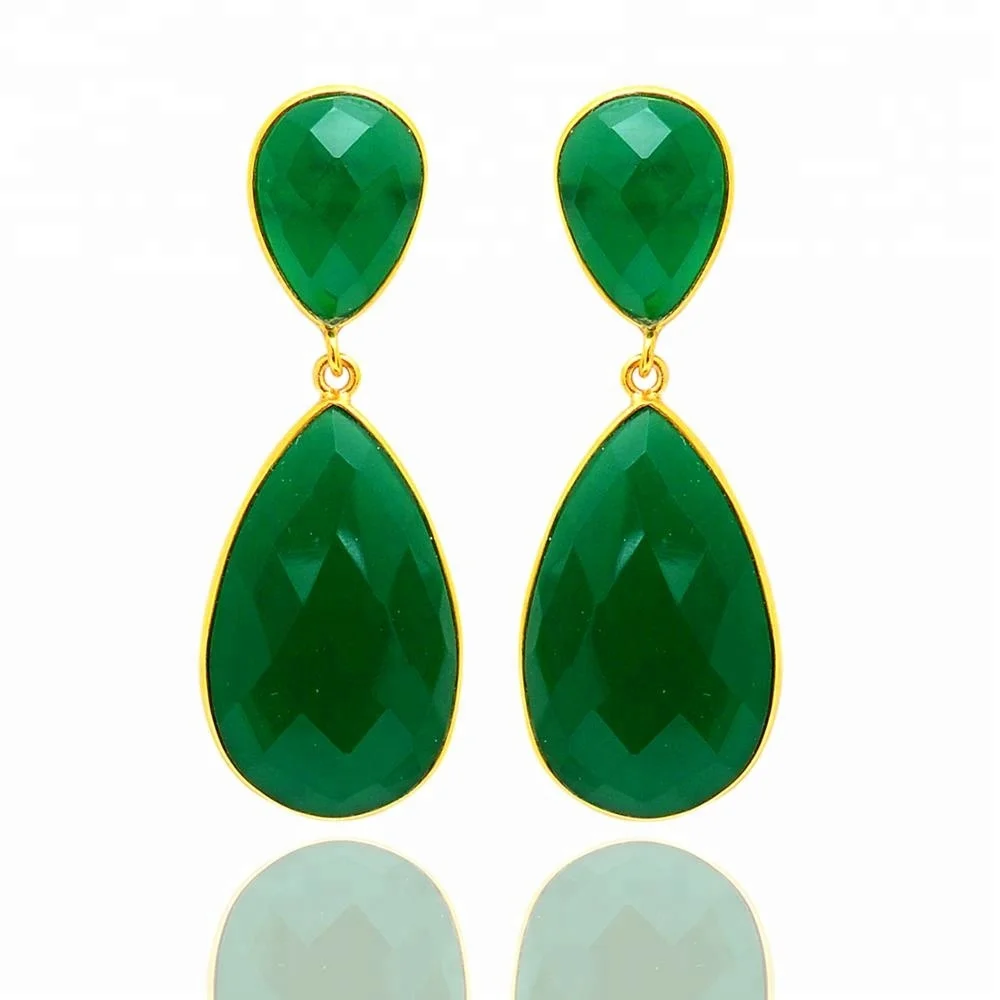Natural Green Onyx 18K Gold Plated 925 Sterling Silver Dangle Earrings Jewelry 
