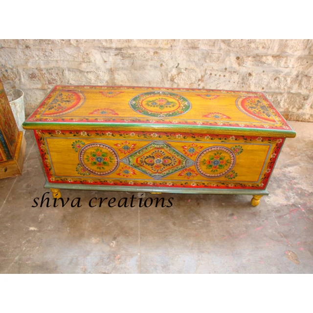 Antique Indian Wooden Hand Painted storage chest Trunk