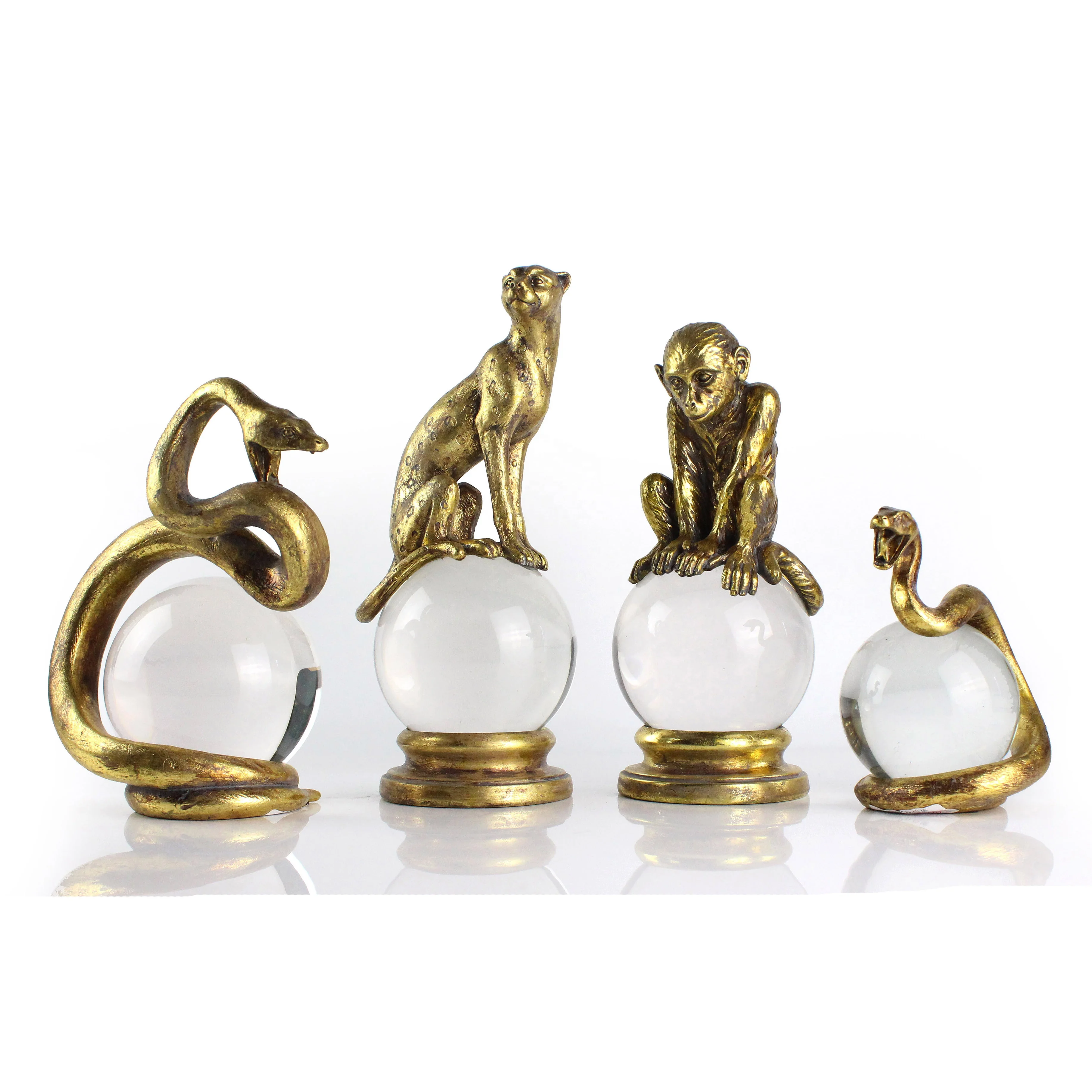 Resin Gold Animal Leopard Monkey Snake Statues with Crystal Ball Home Decor