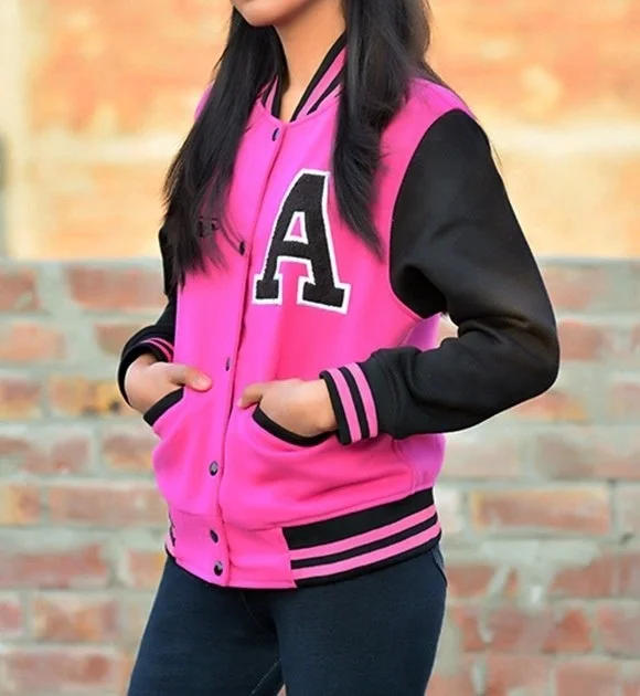 Source Light Pink Women Cotton Fleece Baseball Jacket on m.