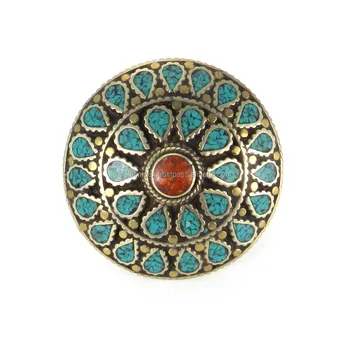 Nepalese designer coral & turquoise inlay tibetan silver metal ring from Made in Nepal SIRG1646