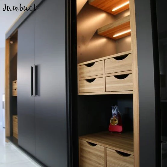 Sliding wooden black wardrobe cabinet modern furniture with LED light and drawers