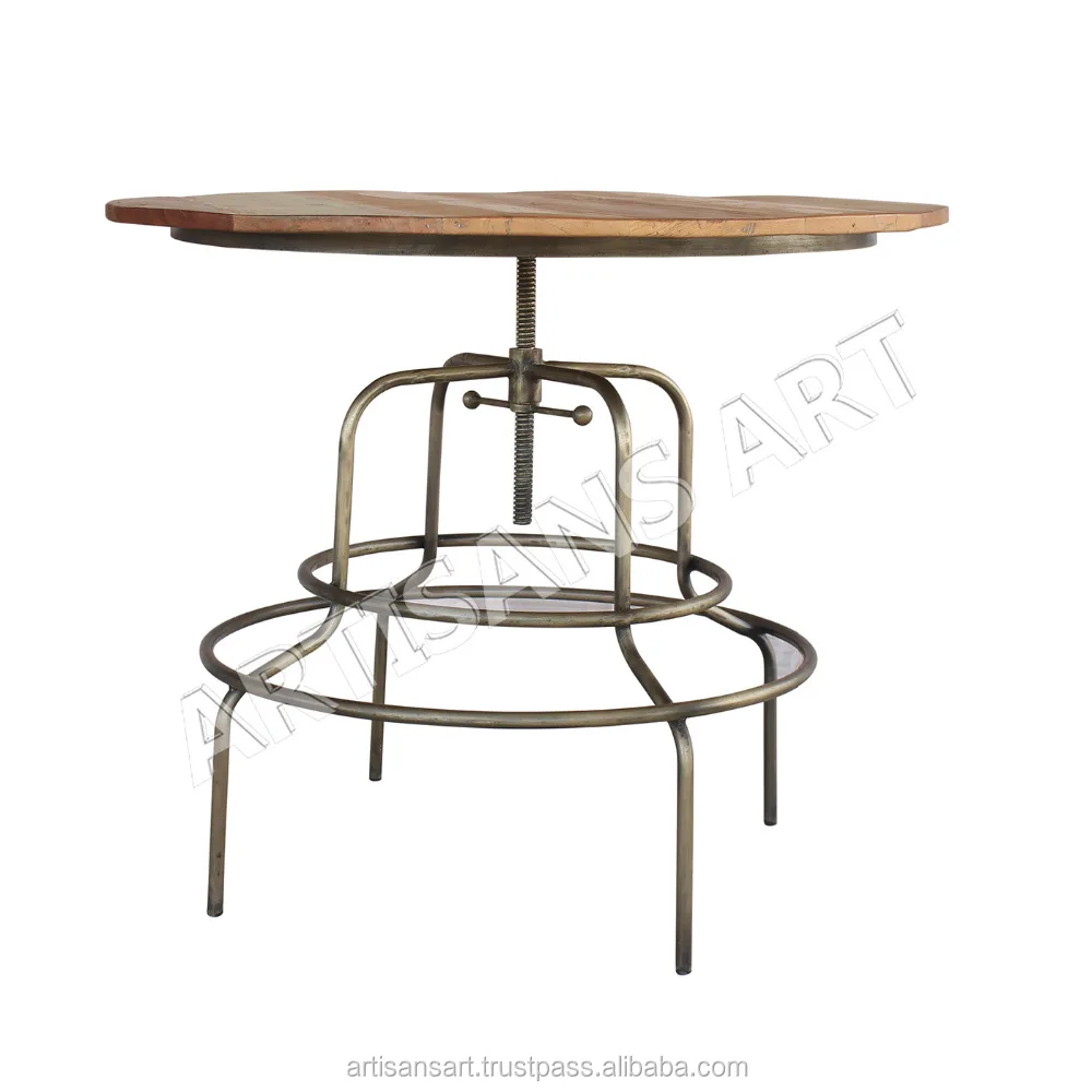 Industrial Reclaimed Wood Round Dining Table Antique Metal Swivel