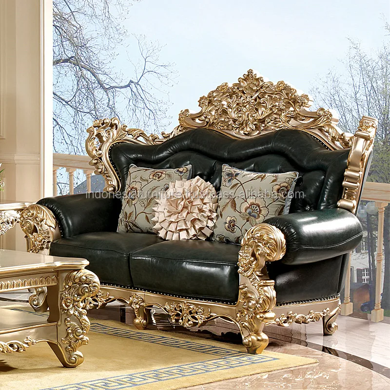 Solid wood sofa luxury carved living room furniture coffee table sofa combination 123 European leather sofa