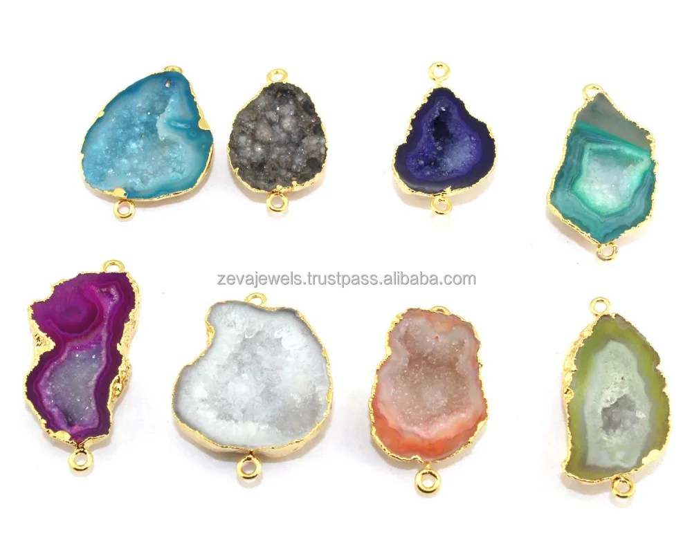 Natural Geode Agate Druzy Slice Connector K Gold Plated Pendant