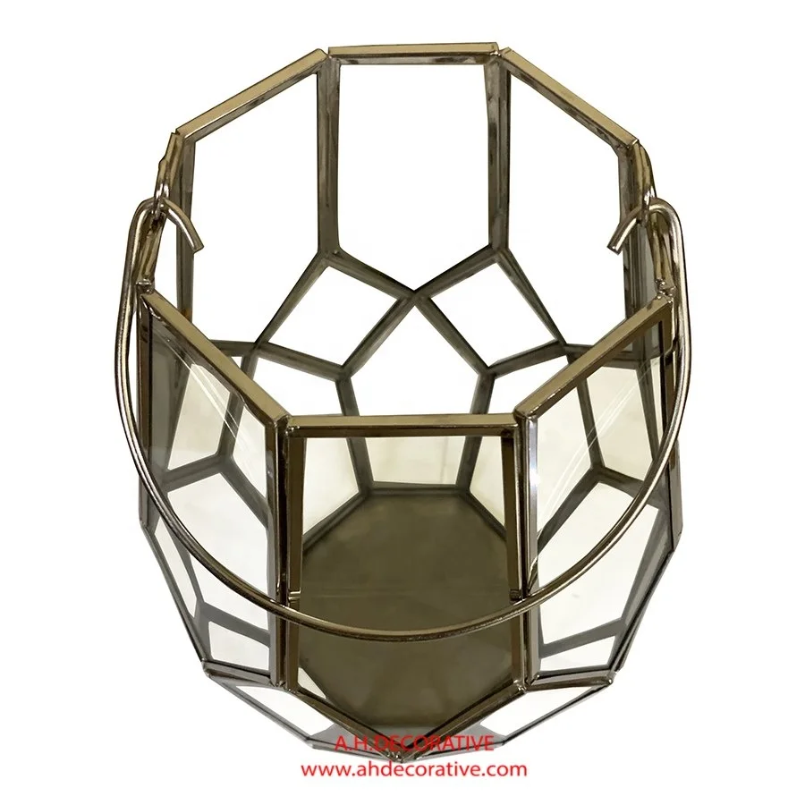 Glossy Gold & Silver Glass Lantern With Handle Christmas Party