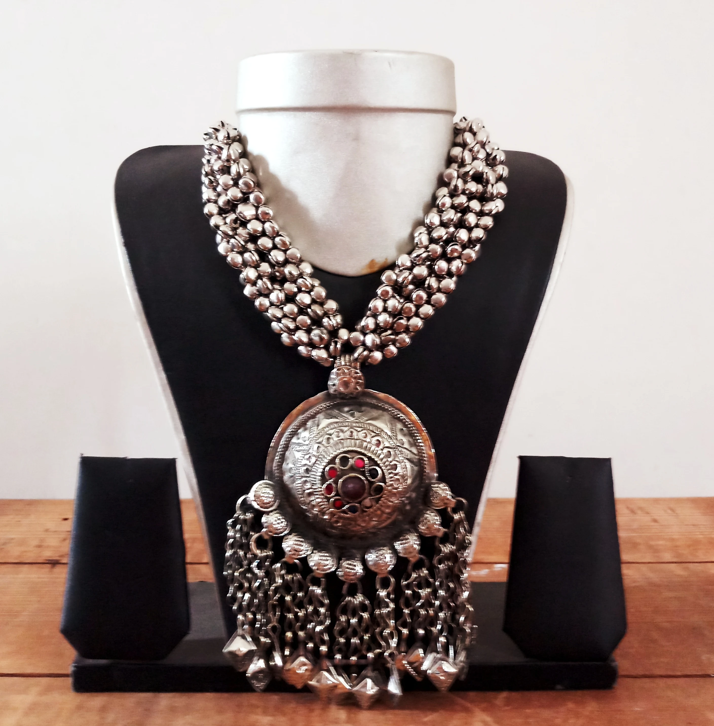 Vintage German Silver Necklace-Afghan Kuchi Boho Necklace-Bohemian Gypsy Jewelry-Gungroo Necklace-Navrati Jewelry-Afghan stone Neacklace