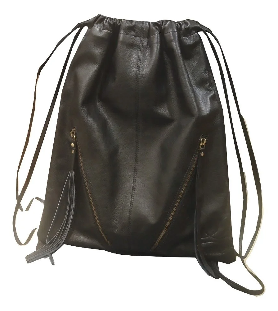 Drawstring Backpack in Black/Gold | Genuine Leather | Bandolier Style