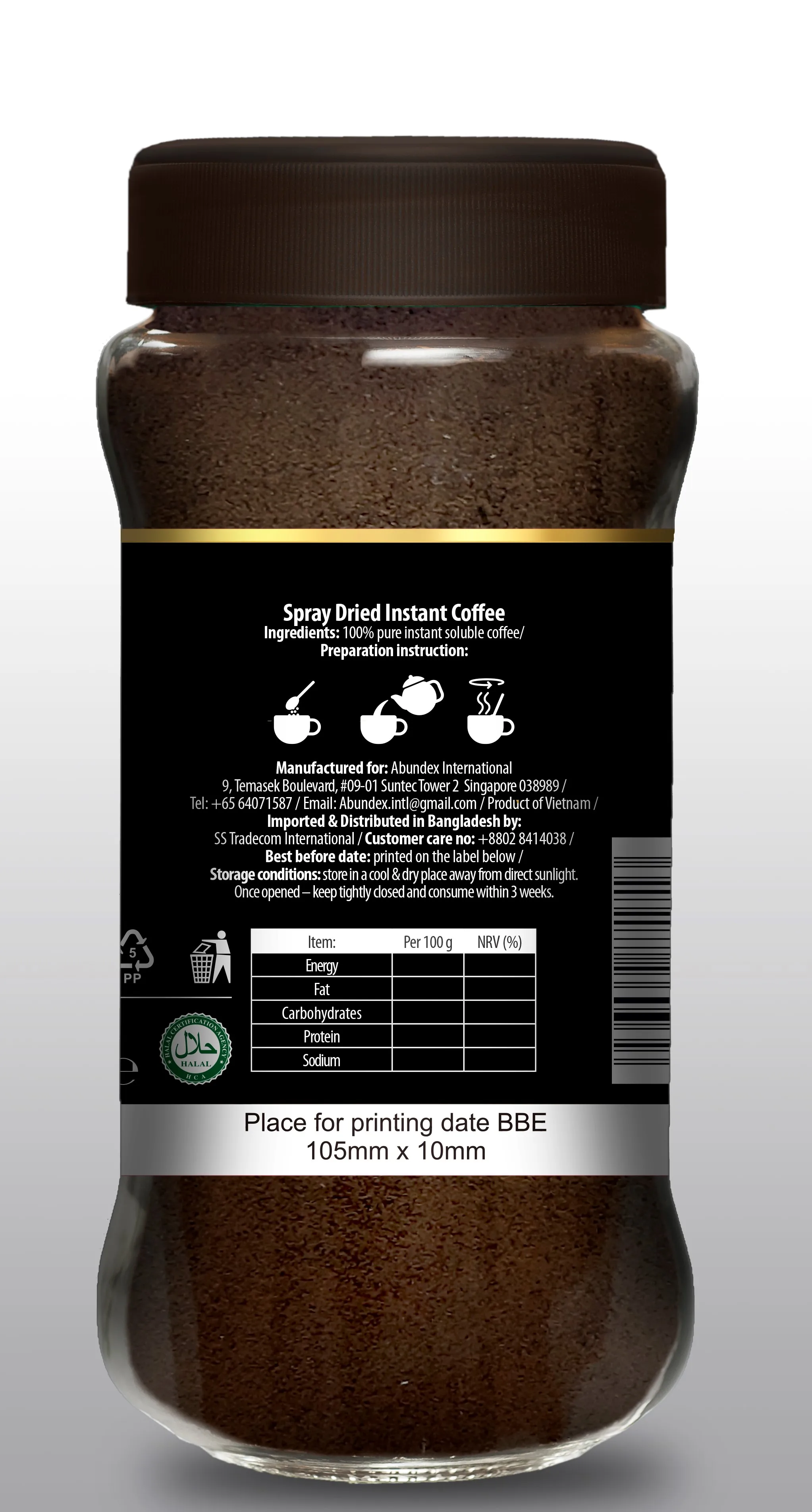 100% pure spray dried instant soluble coffee powder