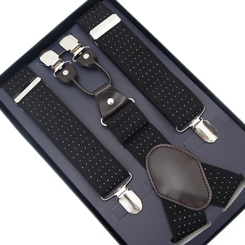 Mens Black Suspenders Wide Adjustable Elastic Leather Braces Y Shape With Strong Clips
