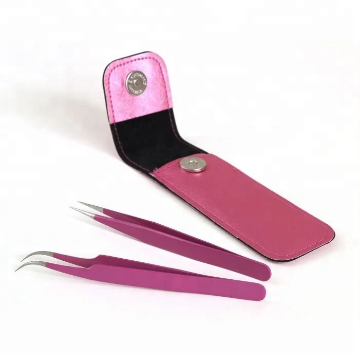 Straight And Curved Pink Eyelash Extension Tweezers Top Trending Lash Tweezers With Case