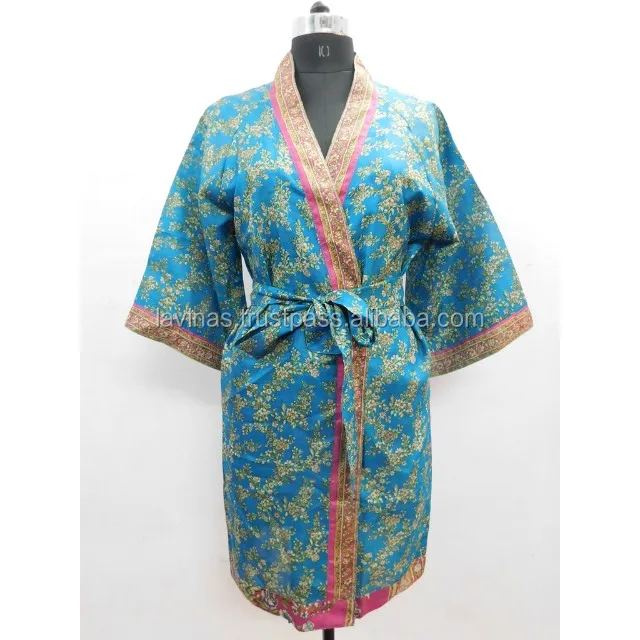 Sleepwear robes Nightdress Kimono Bathrobe kimono Indian SILK Saree Long kimono Vintage Sari Hippie Womens maxi Dress Bath Robe  Dress s-59