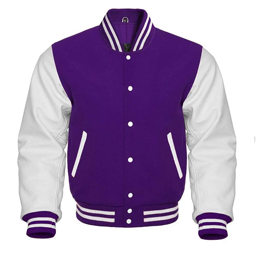 Lishow Fashion Varsity Jacket Baseball Letterman Bomber School Collage  purple Wool and Genuine Green Leather Sleeves at  Men’s Clothing store