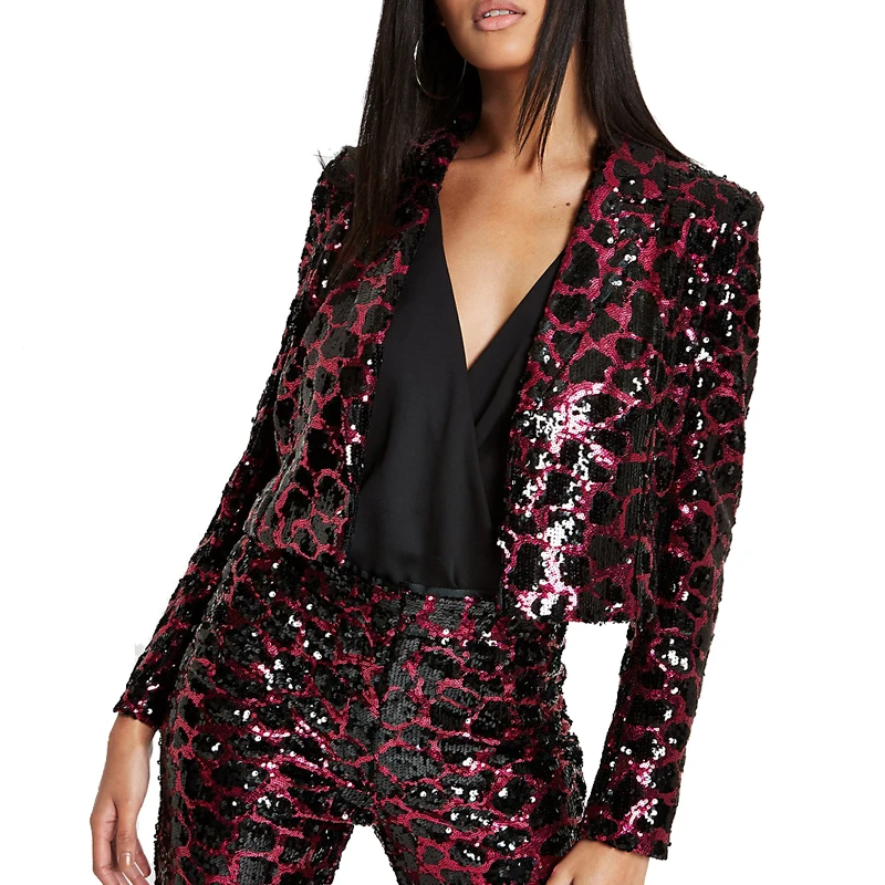 leopard print sequin blazer suit 2 piece set women long pants| Alibaba.com