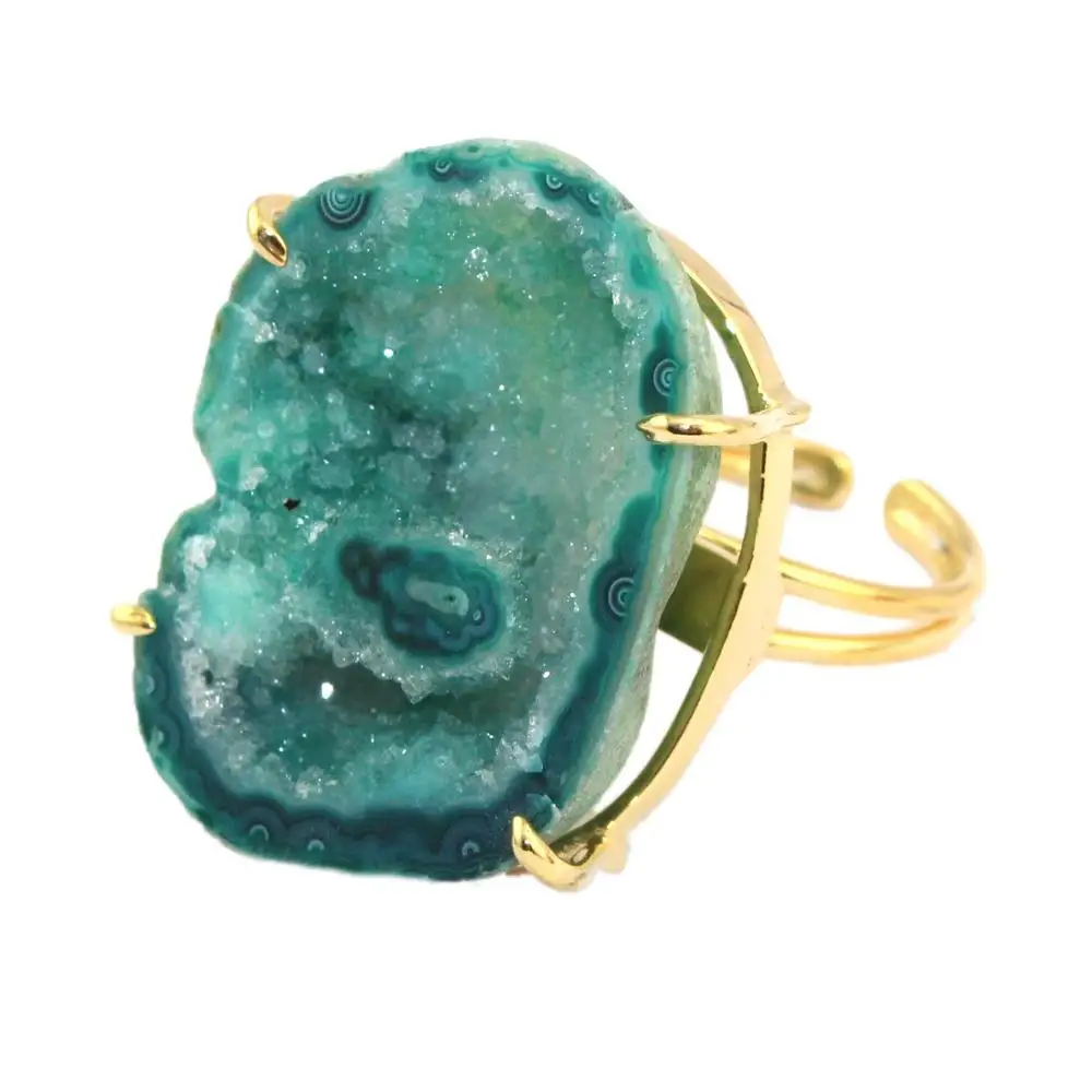 Marvellous Natural Agate Slice Druzy 24k Gold Plated Adjustable Ring Jewelry