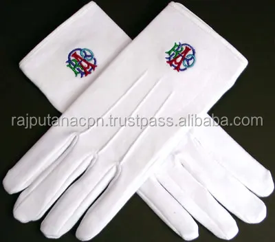 Apron Levels Freemason White Cotton Gloves With Square & Compass Embroidery - Masonic Lodge Regalia Freemason Work Gloves