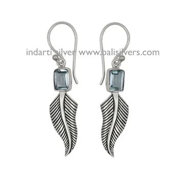 Leaf sterling silver earring with blue topaz