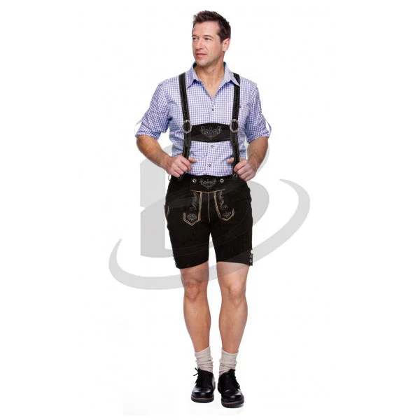 German Bavarian Oktoberfest Trachten Black Mens Wear Short Lederhosen Outfit 