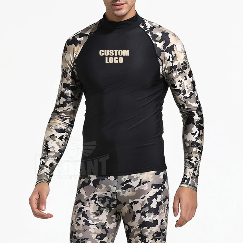 Men Gold Silver Long Sleeve Surf Rash Guard Shirt UV Protection Wetsuit Swimwear 