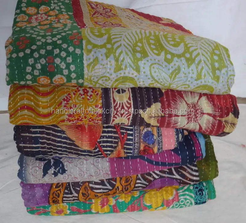 Vintage Kantha Quilt Reversible Throw Gudri Wholesale Handmade Indian Lot 10 pcs 