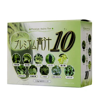 Healthy green juice powder containing 11 vitamins and 5 minerals for a healthy detoxification diet.