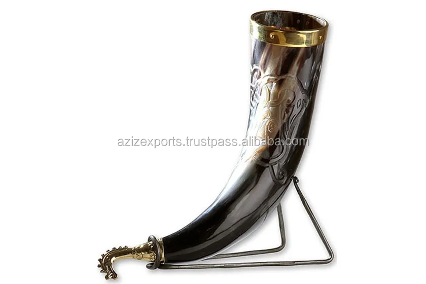 Carved Antique Viking Drinking Brass Horn Natural Buffalo Horn Polished