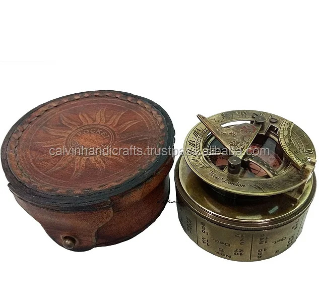 Antique Brass Pocket Sundial Navigation Compass Nautical Marine In Leather Case