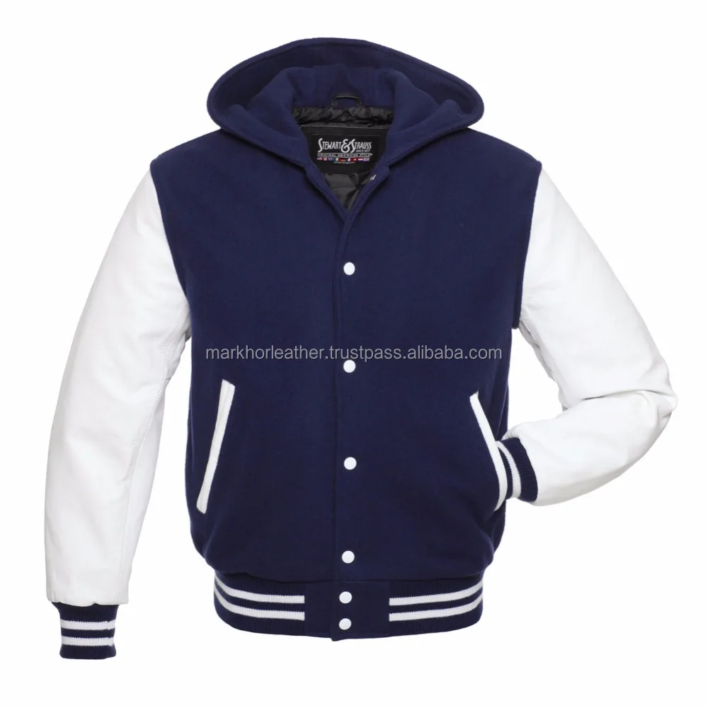 navy blue and white varsity jacket