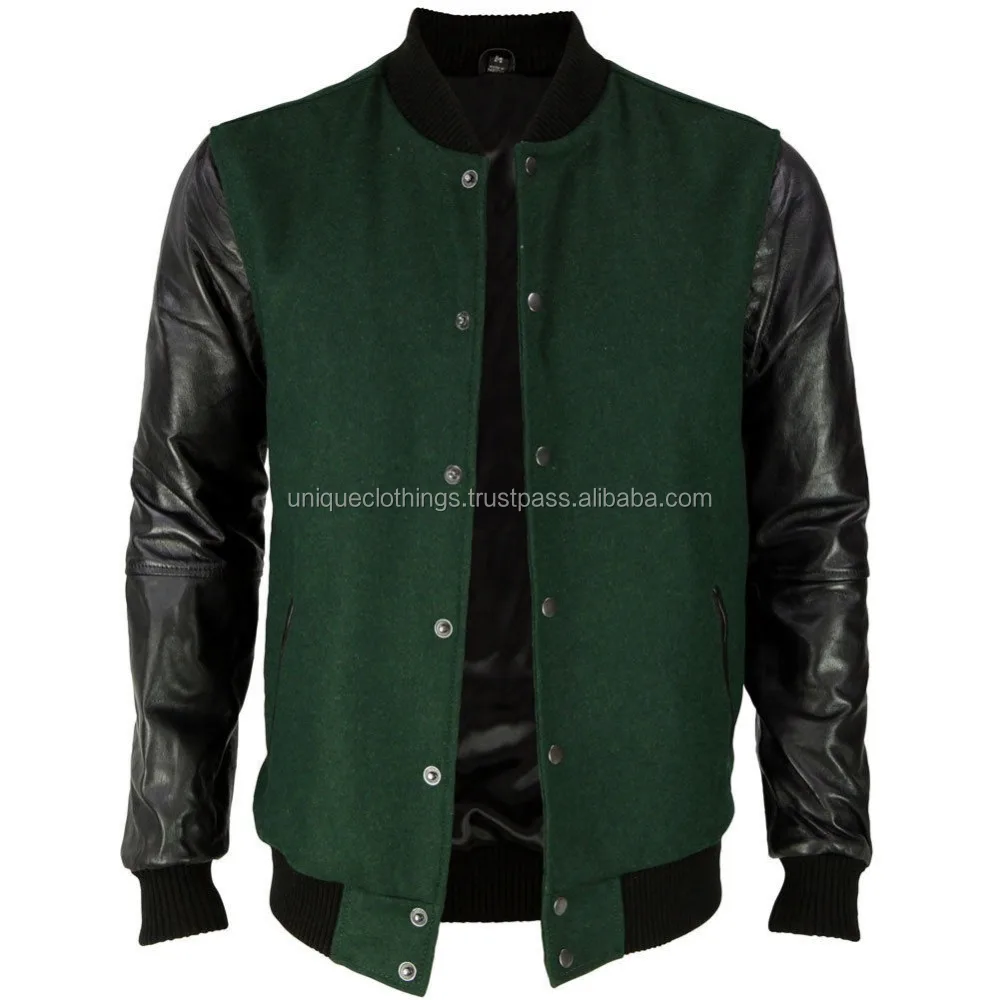 Shop High Quality Black Leather Sleeves Green Wool Varsity Jackets