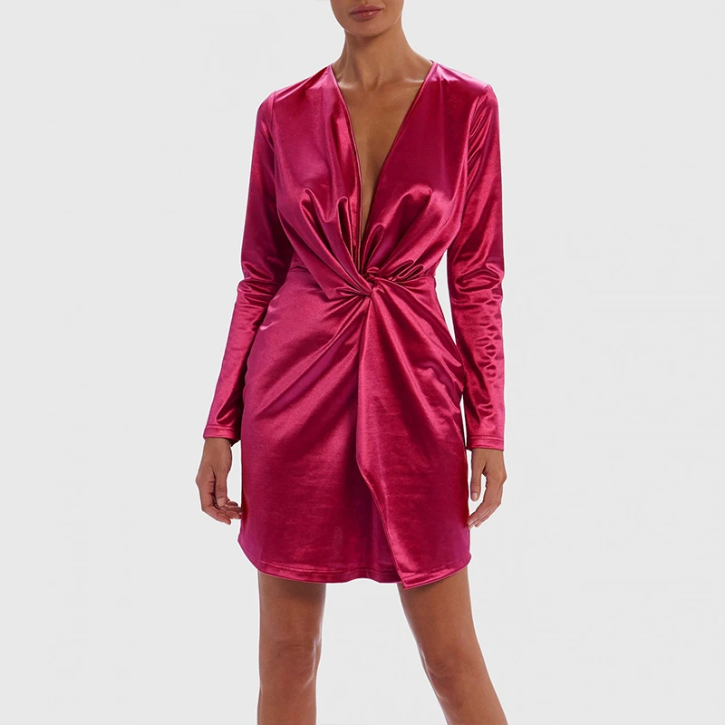 Hot Pink Kylie Jenner Style Satin Long Sleeve Knot Front Wrap Party Women  Dresses Online