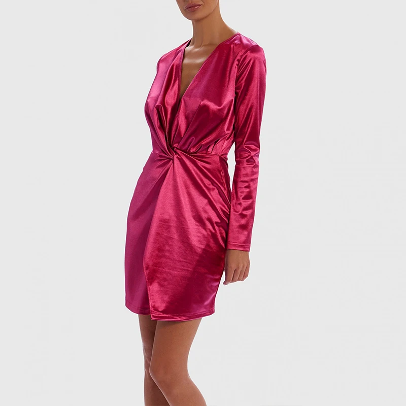 Hot Pink Kylie Jenner Style Satin Long Sleeve Knot Front Wrap Party Women Dresses Online Hot Pink Kylie Jenner Style Satin Long Sleeve Knot Front Wrap Party Women Dresses Online