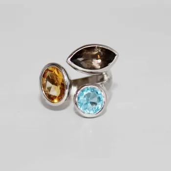Stunning Birthstone Ring Bezel Set Ring Lemon Quartz Multi Gemstone 925 Sterling Silver Silver Natural Beauty Women's Solid