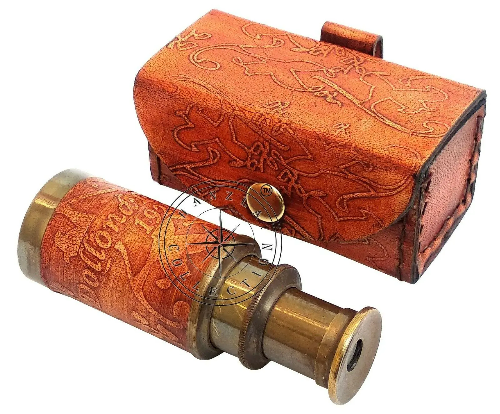 Maritime Pocket Gift 6" Engraved Antique Vintage Leather Stitched Brass