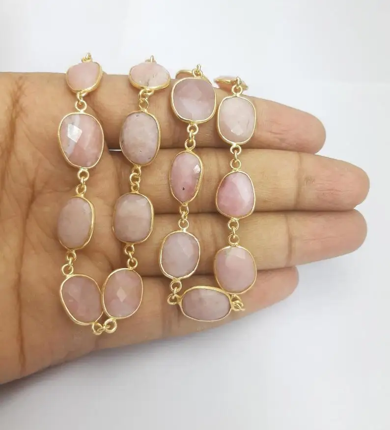 Oval Necklace Chain,Bezel Connector Chain,Selling Per Foot,Jewelry making chains Pink Opalite Gold Plated Bezel Chain Gemstone Connector