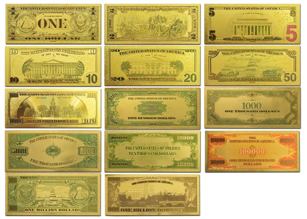 Real Gold Banknote Set USD 1000/100/50/20/10/5/2/1 Notes