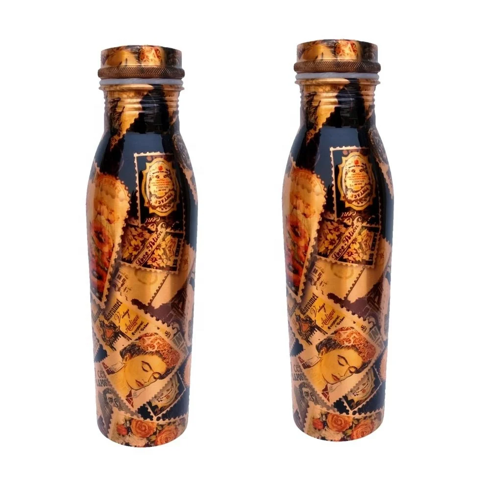 Large Funky Copper Metal With Modern Ticket Print Water Bottle Antique Copper Water  Bottle