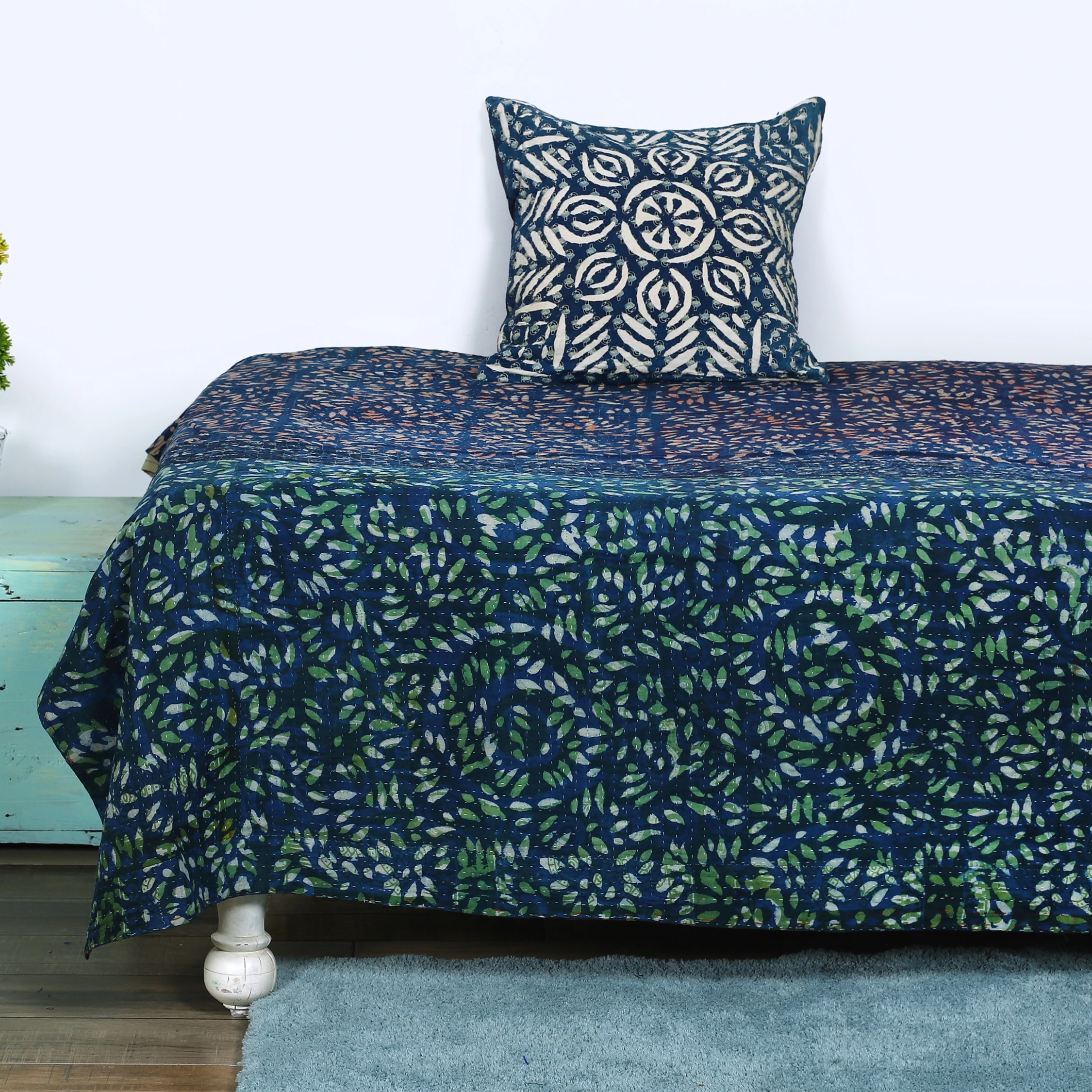 Indian Kantha Quilt Bedspread Bedding Throw Cotton Blanket Blue Handmade Gudari