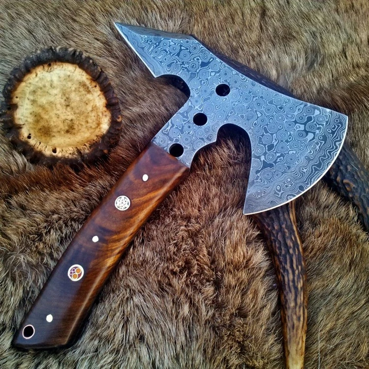 Custom Handmade Damascus Steel Axe Best Axe For Camping Wooden Handle
