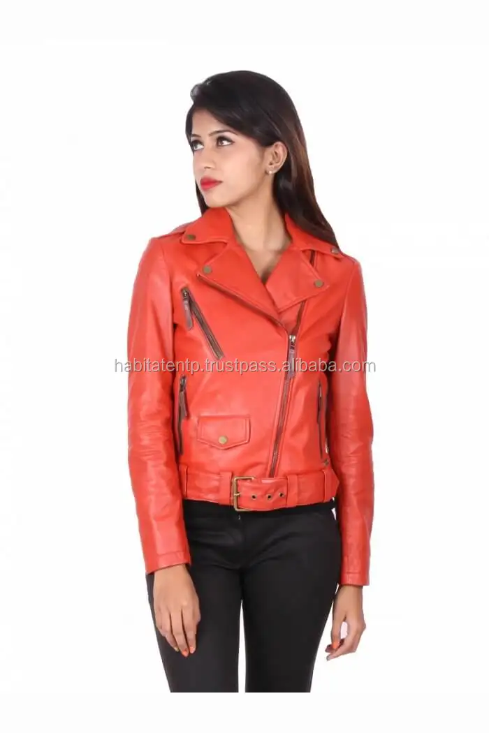 Ladies Real Leather Biker Red Jacket